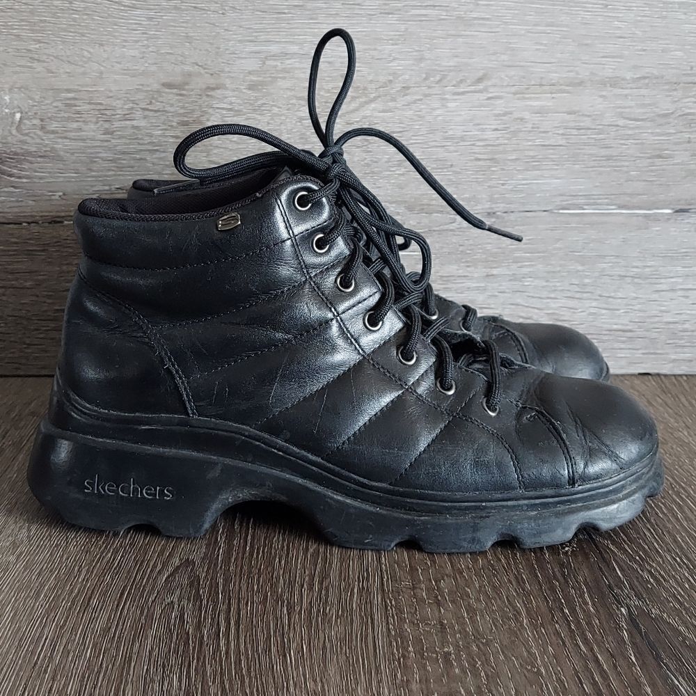 Vintage Skechers Y2K Black Leather Grunge Chunky Ankle Boots Platform Womens 10